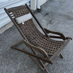 Folding Eucalyptus Swing Outdoor Lounge Chair with Head Pillow! Some damage on left side but doesn’t affect functionality. Retails $148