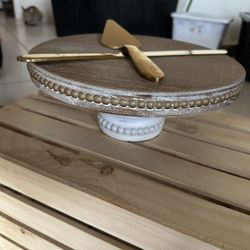 Rustic Cake Stand + Gold Cake Knife & Server Set 