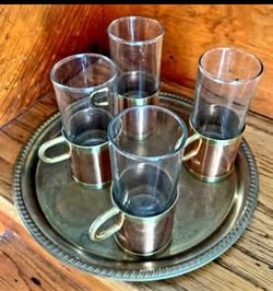 Vintage Beucler Copper/Brass Irish Turkish Coffee 
4 Mugs andTray 
Mid Century 1970's
