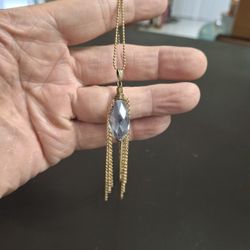 Natural Faceted Crystal Teardrop Prism Pendant Necklace With 32" Goldtone Chain