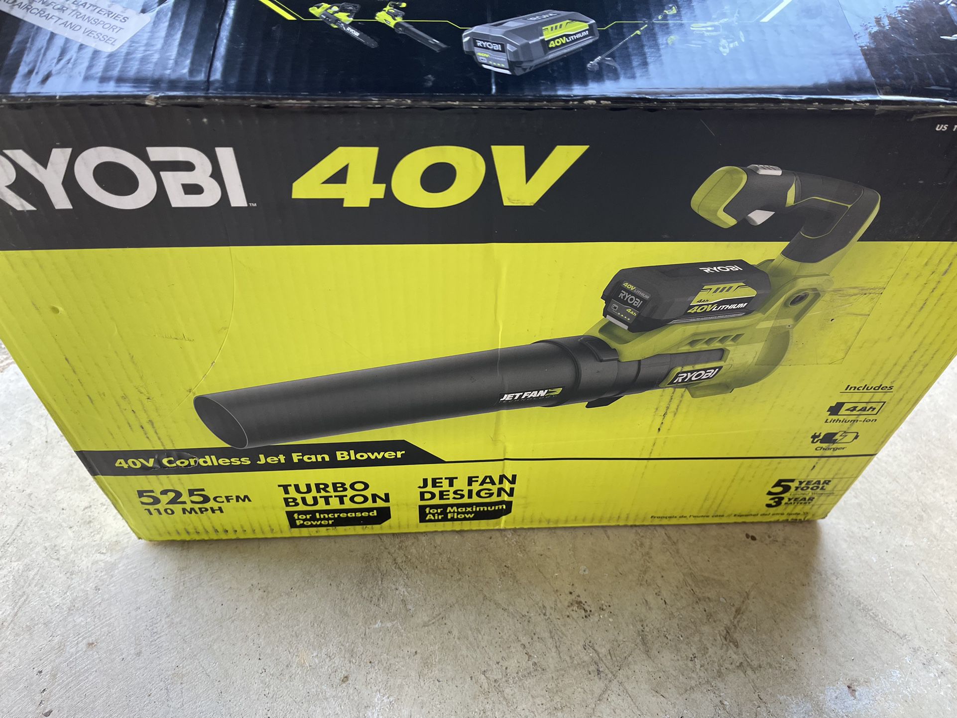 RYOBI 40V 110 MPH 525 CFM Cordless Battery Variable-Speed Jet Fan Leaf Blower with 4.0 Ah Battery and Charger new 