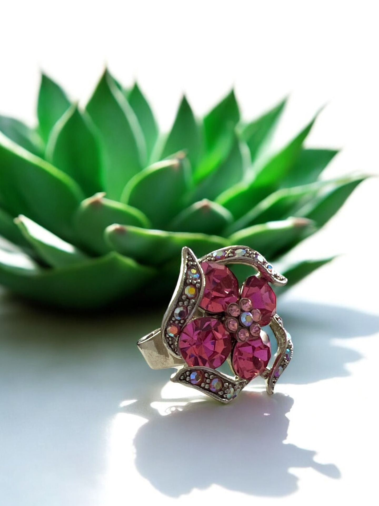Elegant Pink Crystal Flower Ring