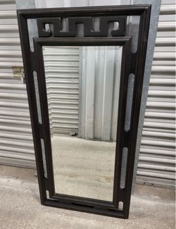 Large Asian Chinoiserie Wood Wall Mirror Geometric Frame 53” x 26” Vintage