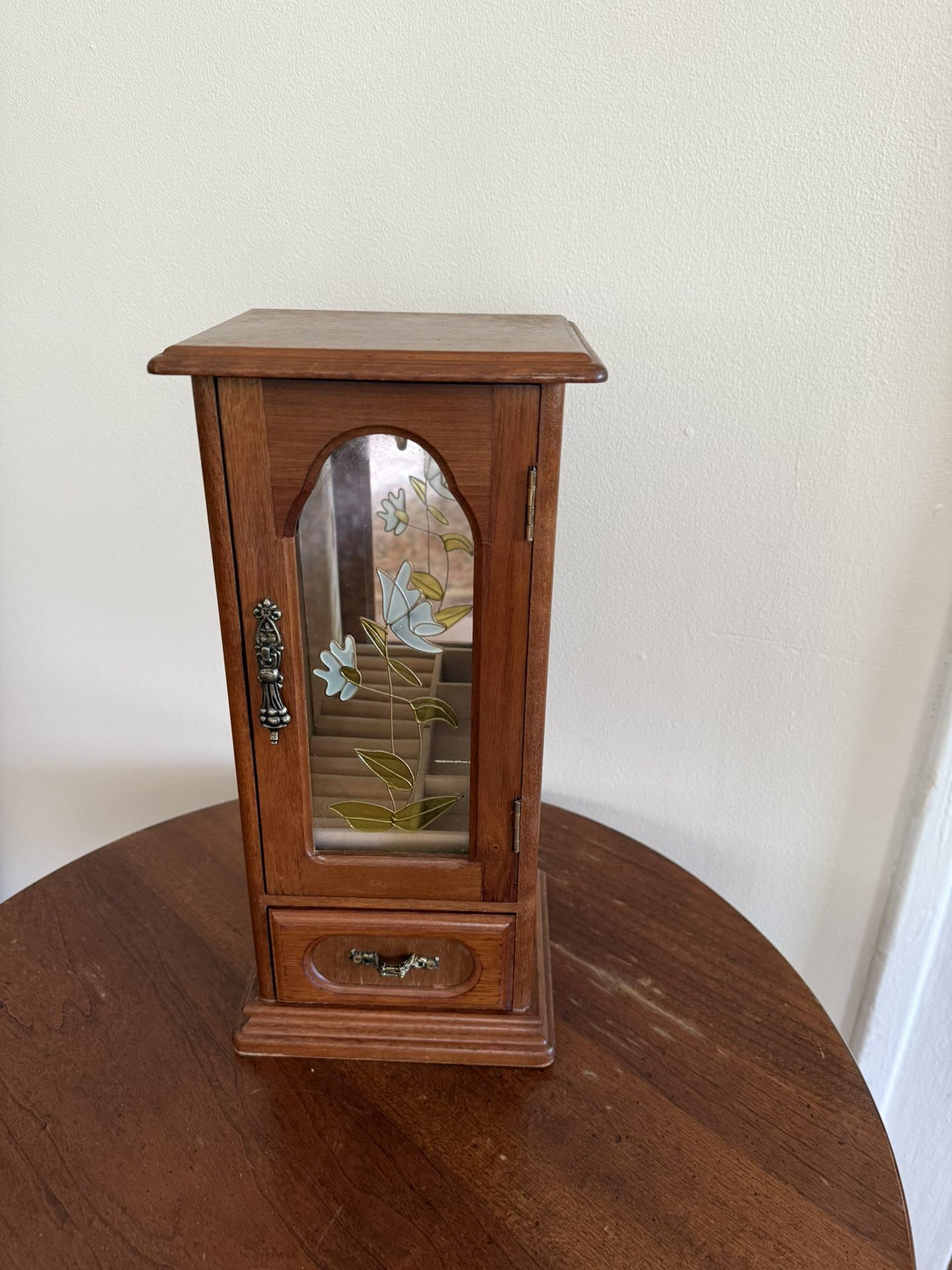 Vintage Wood Jewelry Cabinet Box With Stained Glass Window One Door One Drawer