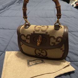 Monogram Jumbo GG Textured Dollar Calfskin Web Small Bamboo 1947 Top Handle Bag Camel Ebony New Acero