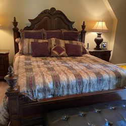 Elegant King-Sized Wood Bed Frame with Matching Nightstands & Lamps