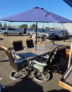 8 Piece Patio Dining Set with 9ft Patio Umbrella (Navy Blue), 6 Outdoor Swivel Dining Chairs & 1 Large Metal Dining