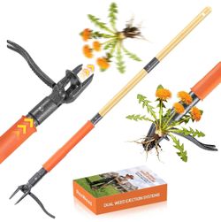 Stand Up Weed Puller Tool, 4-Claw Steel Head Deep Root Extractor with Dual-Eject Design, Real Bamboo Long Handle & Metal Anti-Slip Pedal, No Bending D