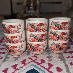 Japanese Pottery Tea Cup Yunomi Signed Kutani Ware Sencha Set Of 9 Vintage