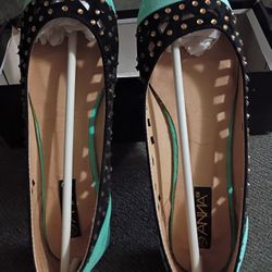 Anna Teal, Black, And Gold Rhinestone Flats