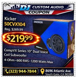 Kicker CVX Series CVX10 CompVX 10" Dual Voice Coil Subwoofer 1200 Watts 50CVX104 🚨 Payment Options Available 🚨 No Credit Needed 🚨 