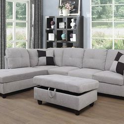 New White Grey Sectional With Ottoman 