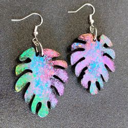 Rainbow color shift chrome tropical Hawaiian leaf dangle earrings new 
