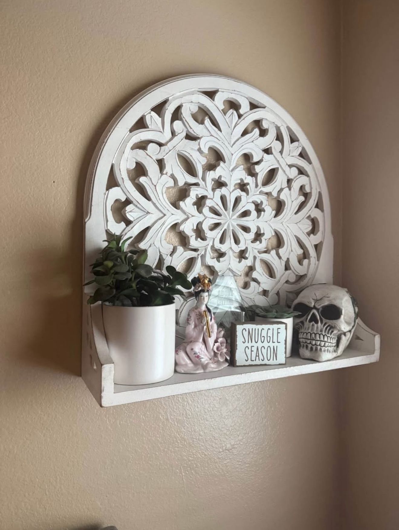 Whitewashed Wooden Boho Floating Shelf