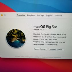 2015 Apple MacBook Pro i5 2.70GHz 8GB RAM 512GB SSD Webcam WiFi 13.3" Retina Screen macOS Big Sur