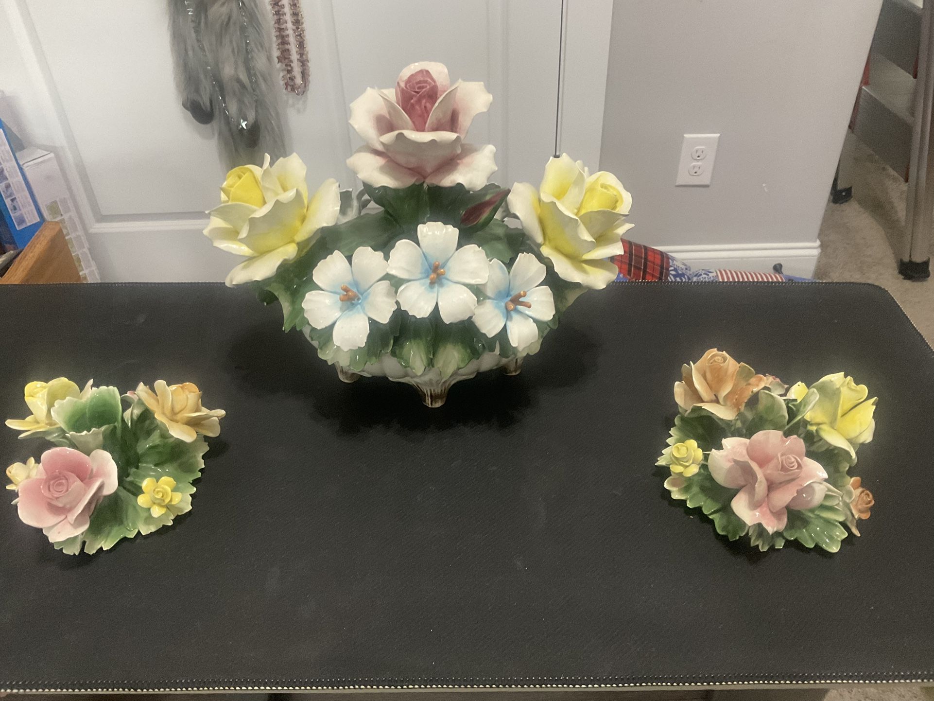 Vintage Capodimonte Flower Candlestick Holders & Center Piece