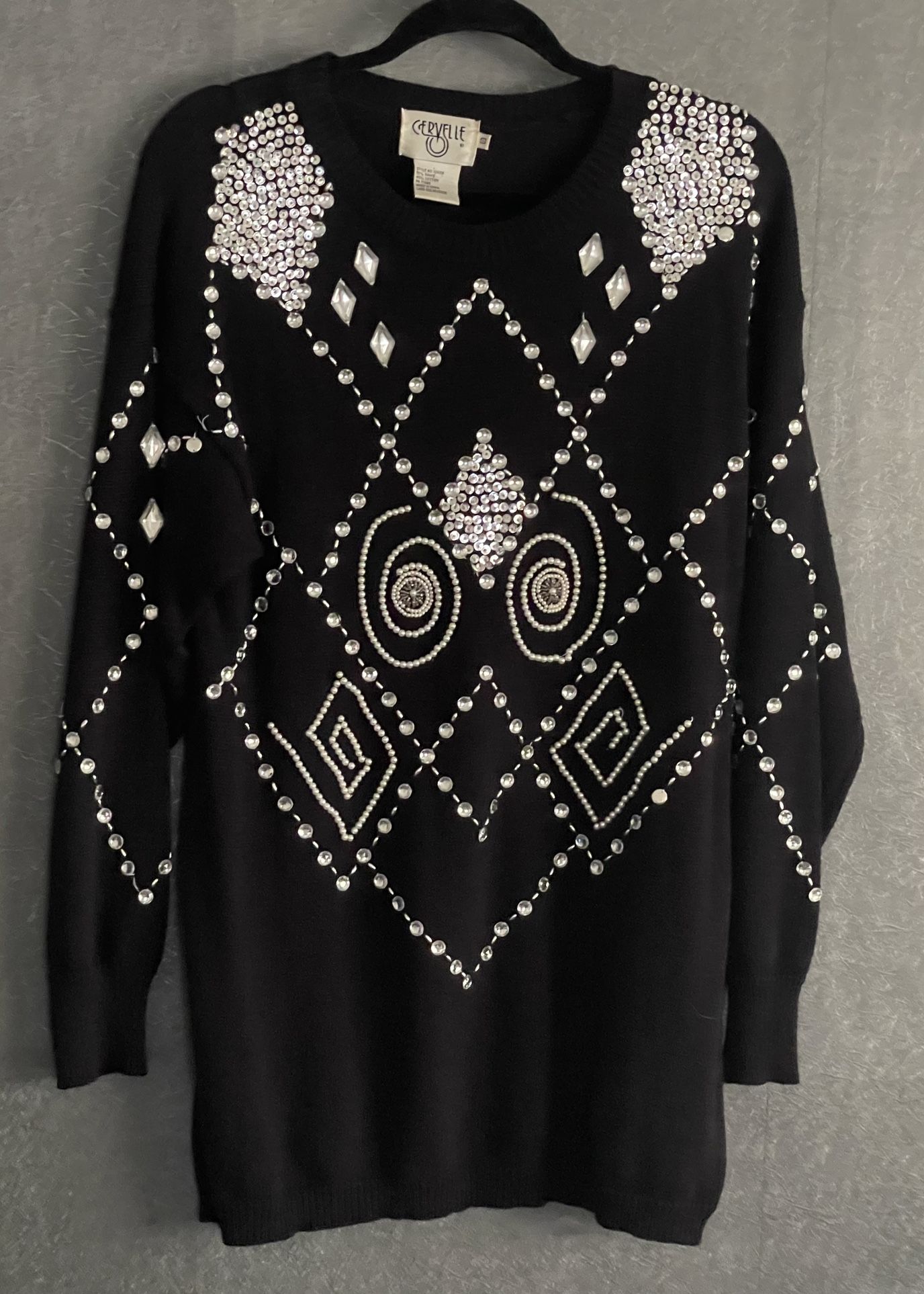 Cervelle Women VTG Pullover Blk Knit Sweater White Silver Abstract Beading Sz Sm