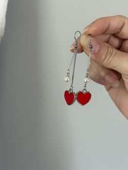 Red heart And Pearl Earrings 