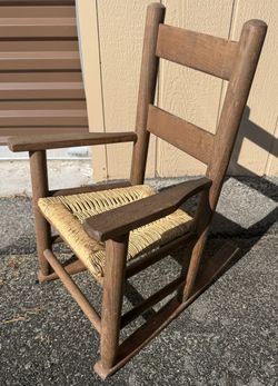 Nice Antique Wooden Toddler Rocker with Wicker Seat
