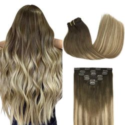 GOO GOO Clip In Remy Human Hair Straight Hair Extensions - Walnut Brown to Ash Brown and Bleached Blonde - 20 Inch 120 Grams