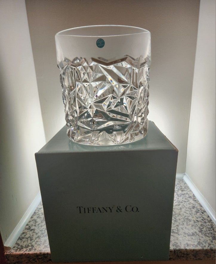 Tiffany & Co Geometric Triangle Textured Clear Cut Crystal Vase