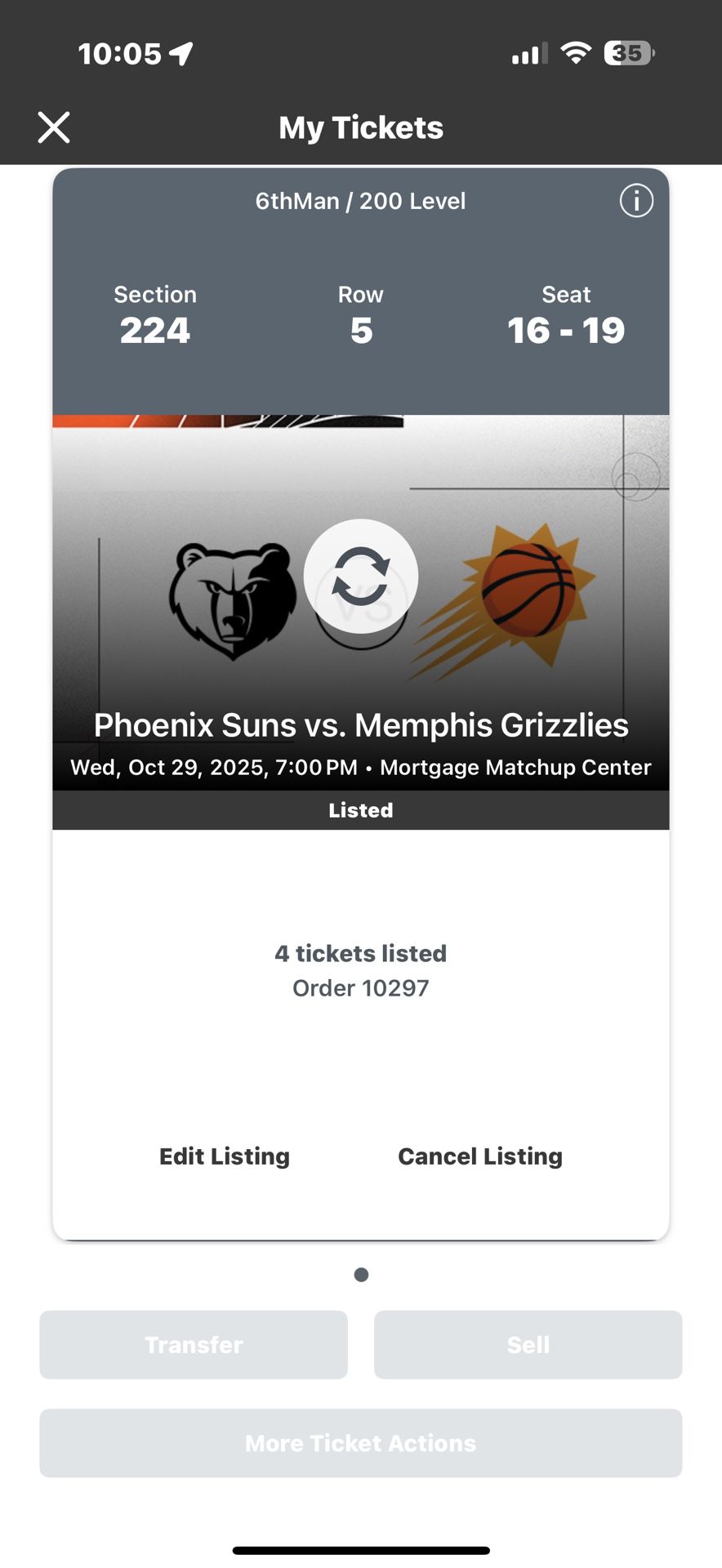 Suns Vs Grizzlies 4 Tickets 224 Row 5