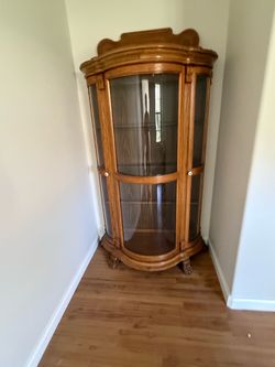 Vintage Curved Glass Display Cabinet – Solid Oak