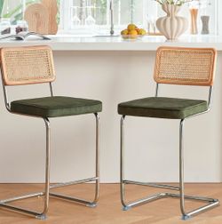 NEW: Set of 2 GrandNoor Natural Rattan Bar Stools (Green)