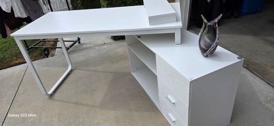 55" White L shape desk with drawers and shelves