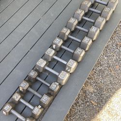 6 Pairs Of Steel Cast Iron Hex Dumbbells With Rack - 10’s, 15’s, 20’s, 25’s, 30’s And 35’s