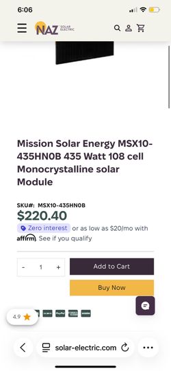 Mission Solar Energy MSX10-435HN0B 435 Watt 108 cell Monocrystalline solar Module