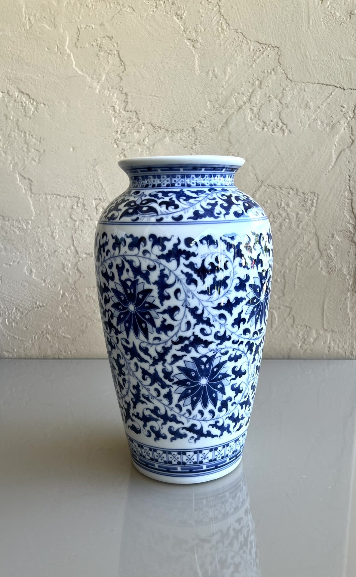 Chinese Ceramic Blue Vase - 11” Tall And 6” Diameter