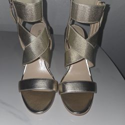 Nine West Gold Strappy Open Toe Stiletto Heel Zip Women's Shoes Size 7.5M