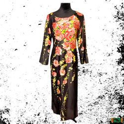 Maxi Floral Long Sleeve Kurta Dress W/ Side Slit Detail Womens Size Small