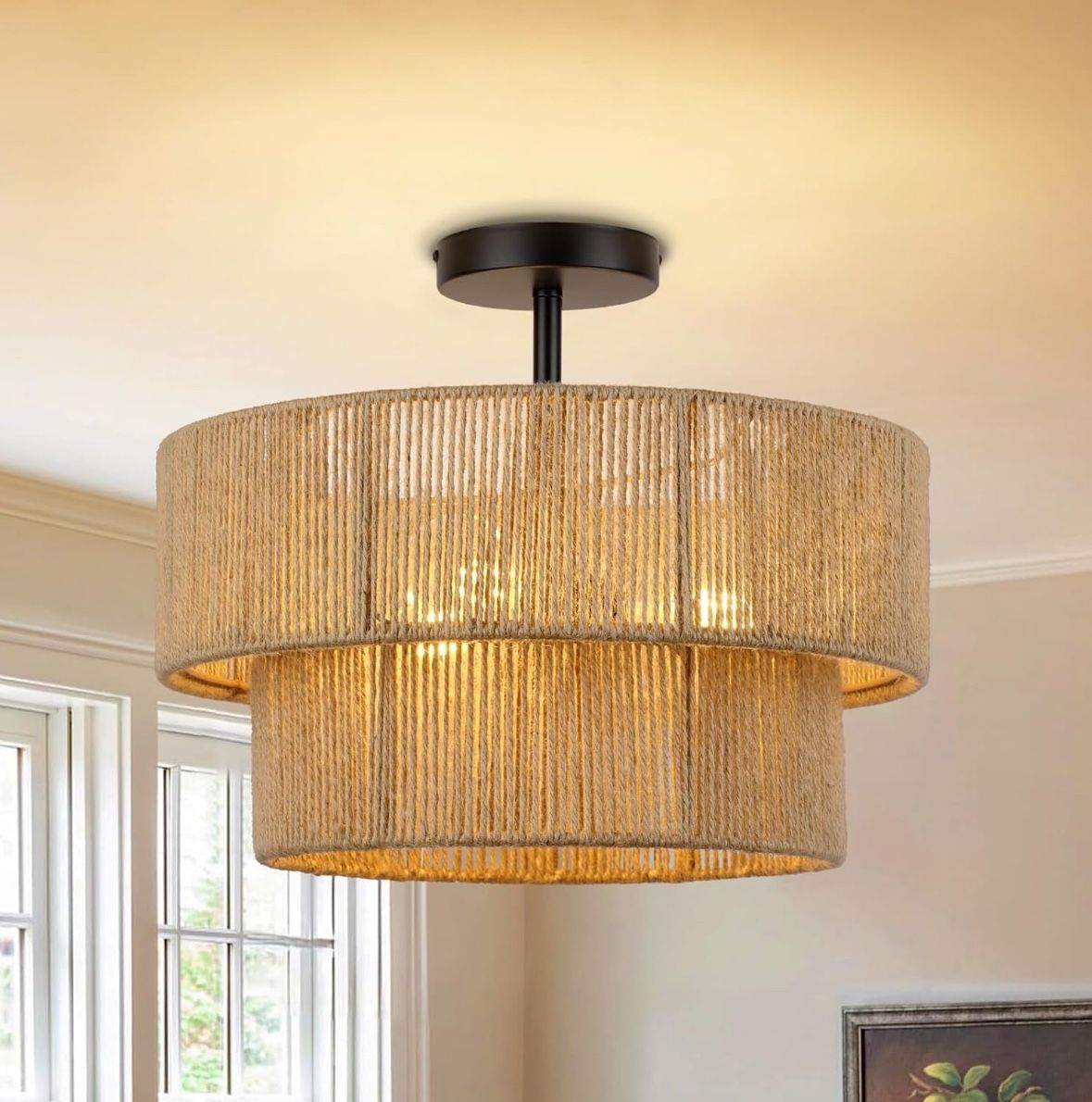 15.7'' Boho Light Fixtures Ceiling Mount Coastal Hemp rope Semi Flush Mount Ceiling Light Fixture3 Light Rattan Ceiling Light With 2 Tier Drum Shade