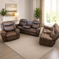 3-Piece Brown Reclining Sofa Set