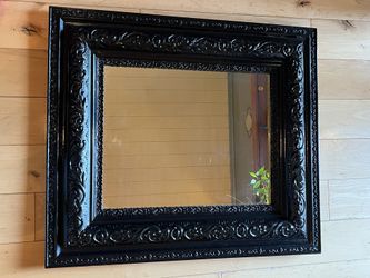 Black Ornate Carved Wood Wall Mirror 