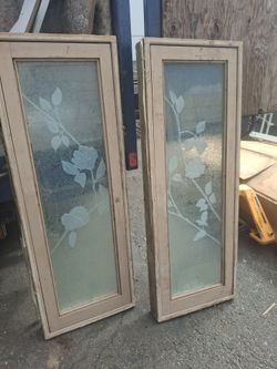 Pair of vintage etched window panels