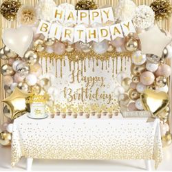 Gold Birthday Party Decorations White and Gold Birthday Decorations for Women Girls with Beige Cream includes: Sash Golden Tablecloth Banner Backdrop 