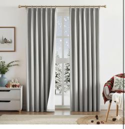 Pleat Curtain 108 Inch Long for Living Room Full Blackout Therml Insulated Linen-look Drape