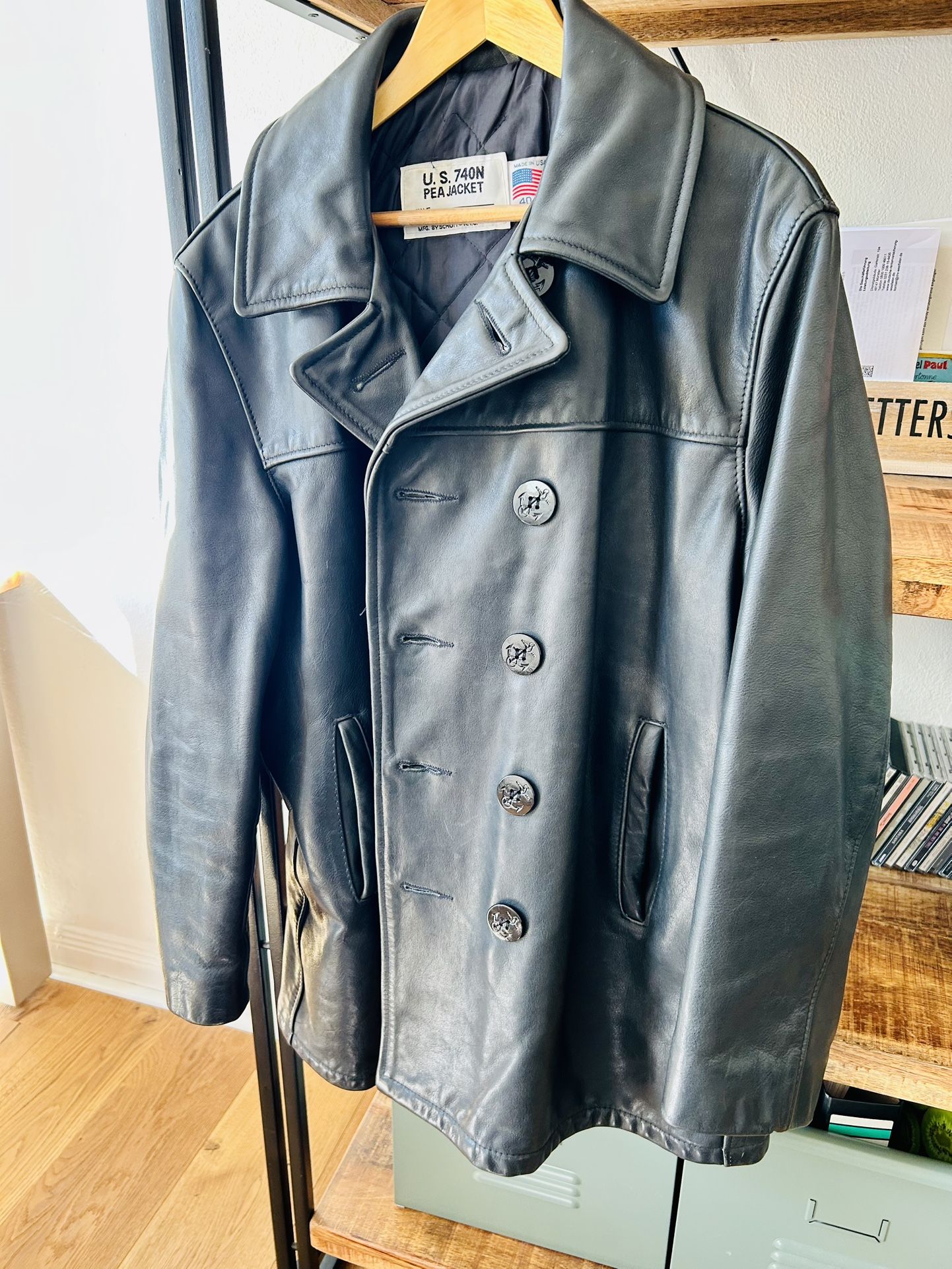 Schott Leather Navy Pea Coat In New Condition 