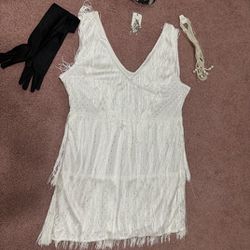 New Xl White Fringe Flapper Dress Costume 