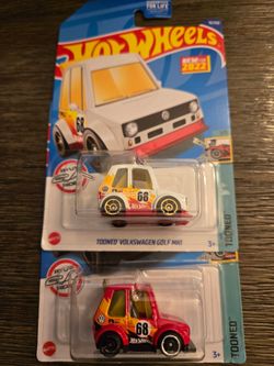 Hot Wheels Lot of 2 Tooned VW Golf MKI's Red and White with Red
