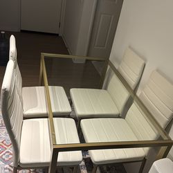 5-Piece Dining Table Set w/ Glass Top, Leather Chairs