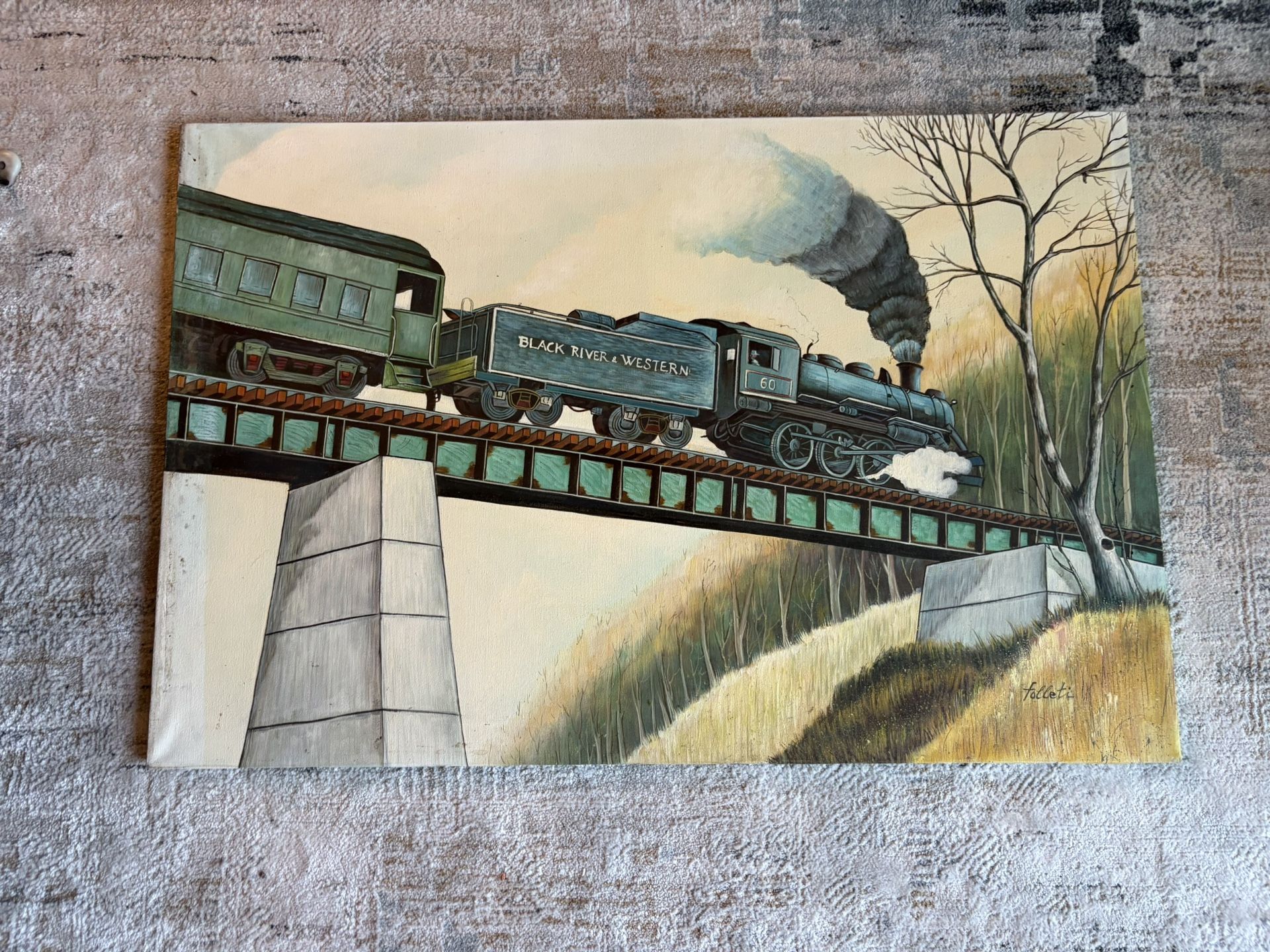 Original Steam Train Painting – Black River & Western – Signed Follett – Vintage Railroad Art – 24x18 in
