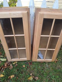 Pair of Wood Glass Panel Cabinet Doors