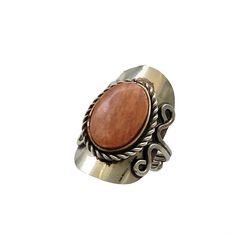 Peru Orange Goldstone Adjustable Ring  - Alpaca Gemstone Unisex Saddle Ring - Vintage Artisan Jewelry Accessory