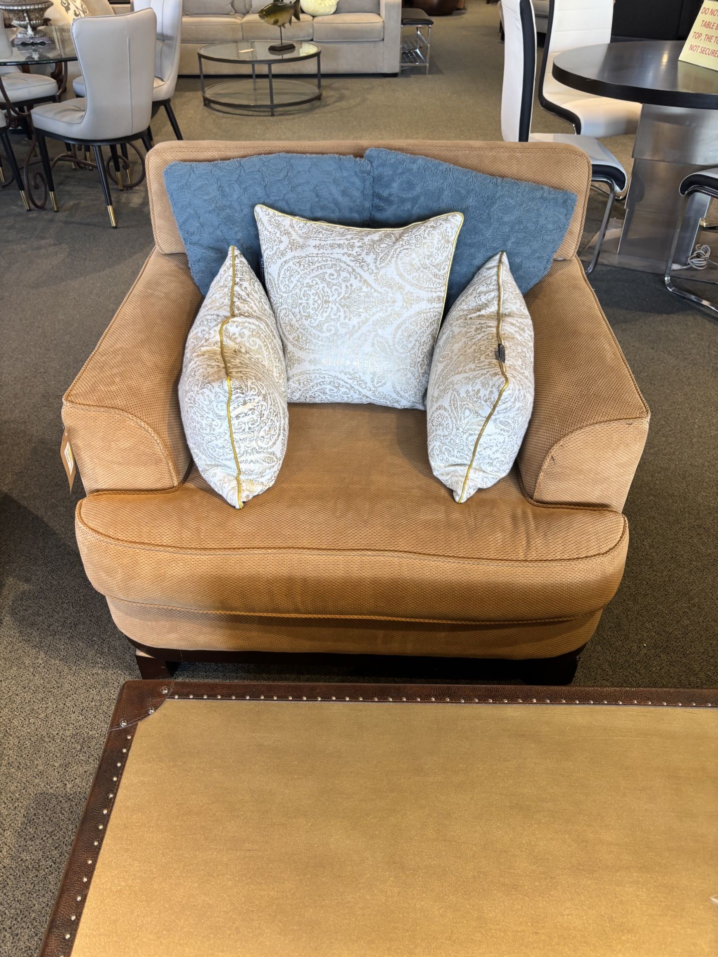 Caramel Chair w/ 3 white & gold accent pillows As Is (missing back cushion) - SKU: 6KSC6H