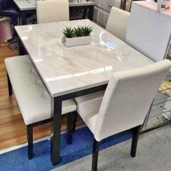 ✅️✅️ 5 pc dark finish wood faux marble top  rectangular dining table set with bench ✅️✅️