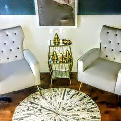 PAIR OF JAYDEN  CREATIONS  IVORY BRION  MODERN VELVET BUTTON TUFTED WING BACK CHAIR